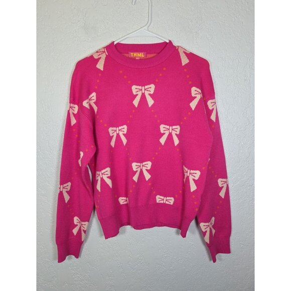 THML Pink Cream Bow Sweater with Bows Size Medium Super Soft - Picture 1 of 5